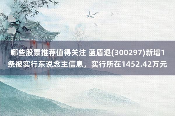 哪些股票推荐值得关注 蓝盾退(300297)新增1条被实行东说念主信息，实行所在1452.42万元