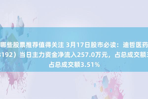 哪些股票推荐值得关注 3月17日股市必读：迪哲医药（688192）当日主力资金净流入257.0万元，占总成交额3.51%